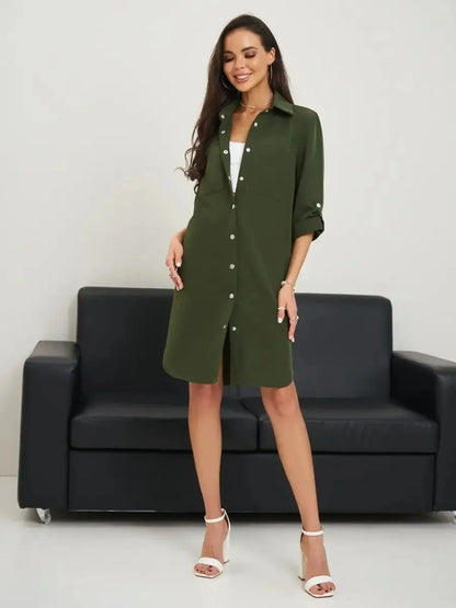 Urban Utility olive green belted mini dress, featuring snap-button details and a stylish silhouette, perfect for seasonal wear.