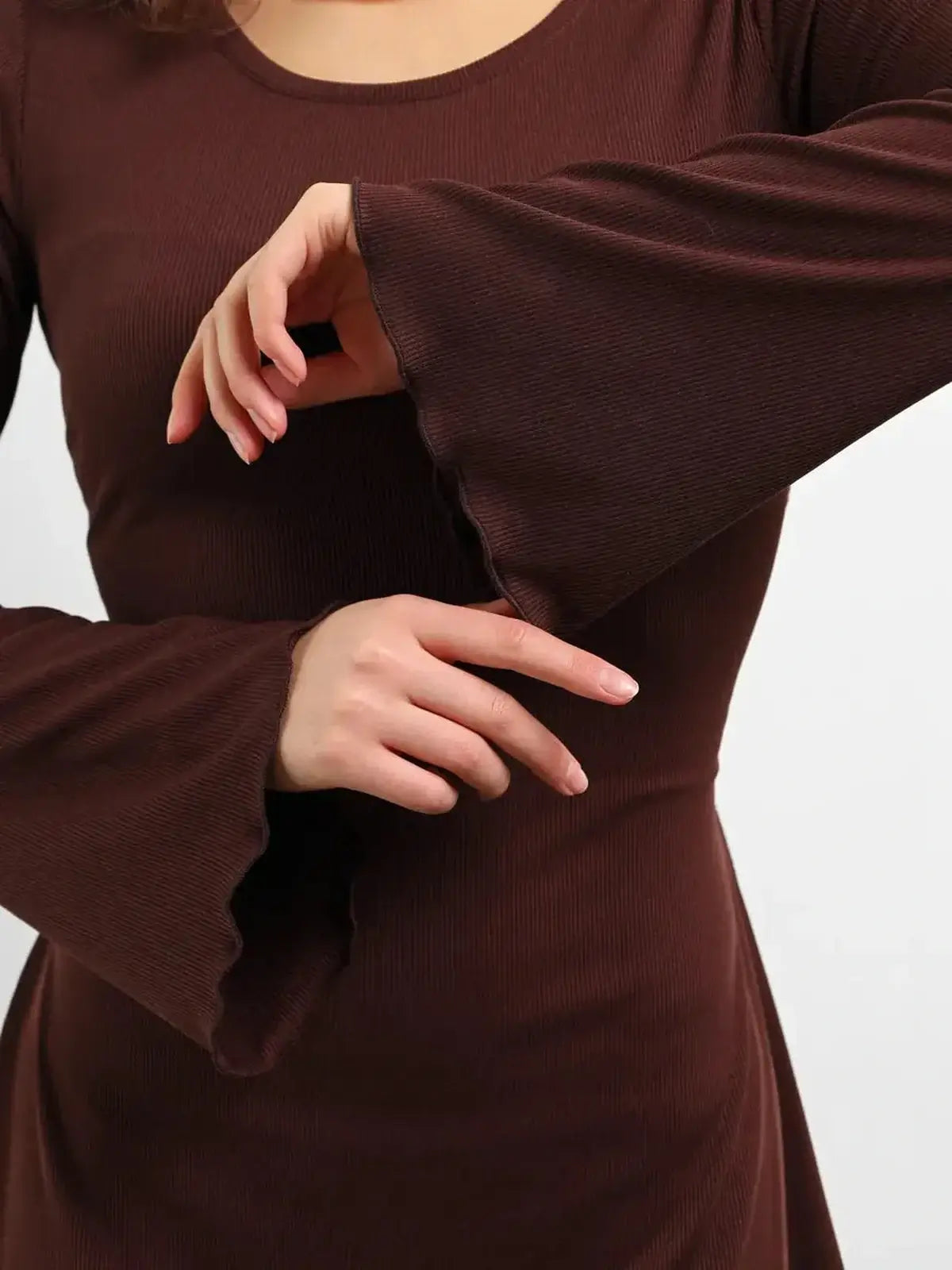 Cocoa Laced brown long sleeve dress featuring flared sleeves, ideal for formal occasions and summer events.