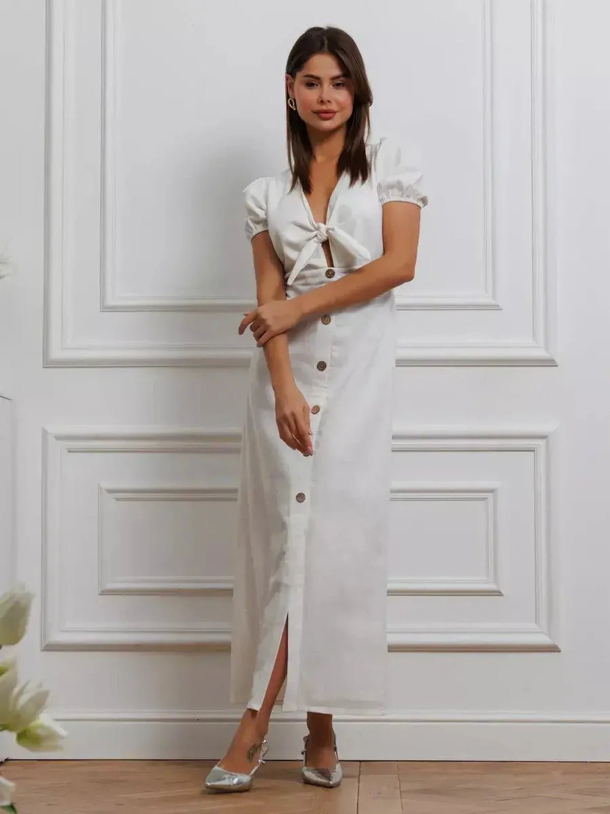 Maxi Dress Pearl Whisper featuring a tie-front bodice and puff sleeves, exuding minimalist sophistication.