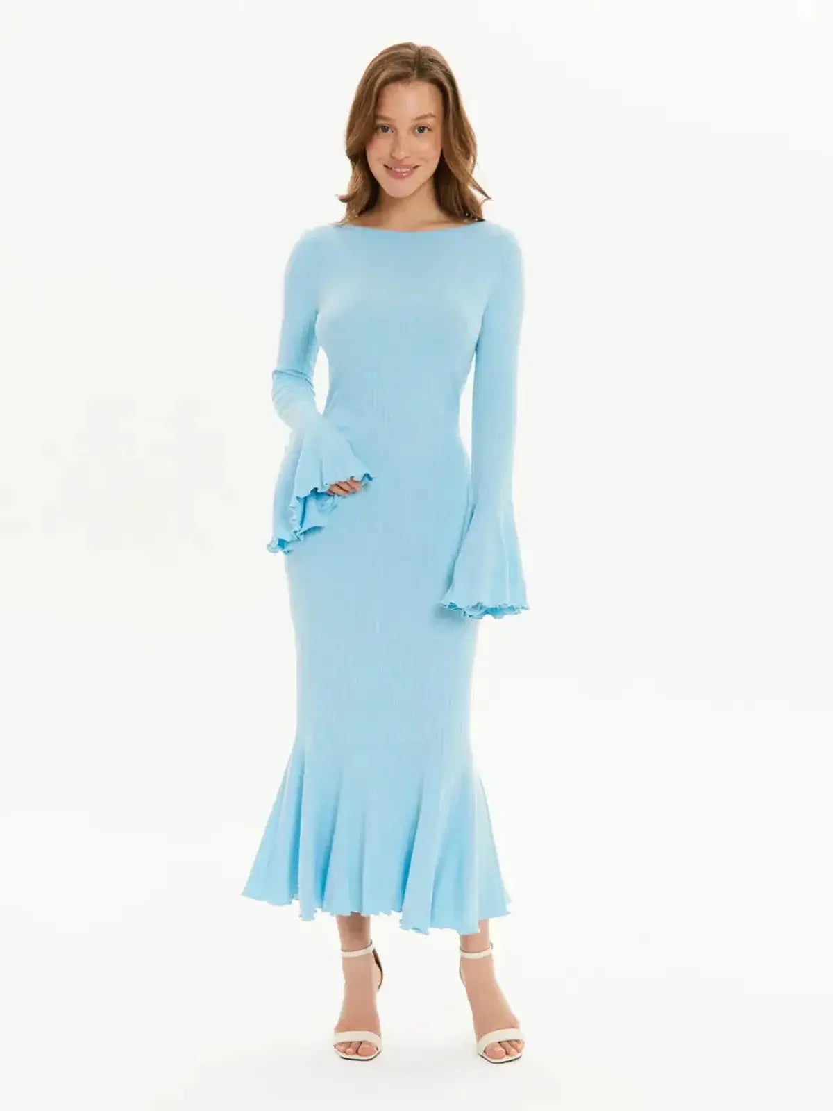 Light blue long sleeve midi dress with bell sleeves and flared hem, ideal for wedding guest or evening events.