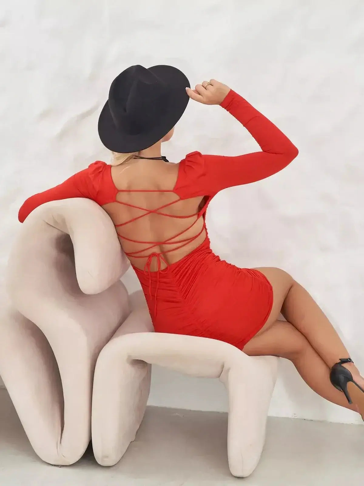 Elegant long sleeve red dress with lace-up back, perfect for summer wedding guest or cocktail events.