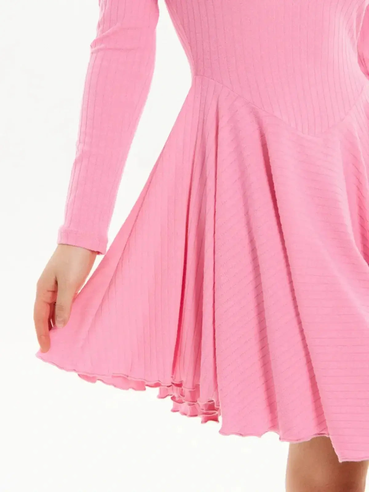 Blush flare mini dress with a flared skirt and long sleeves, perfect for weddings and summer parties.