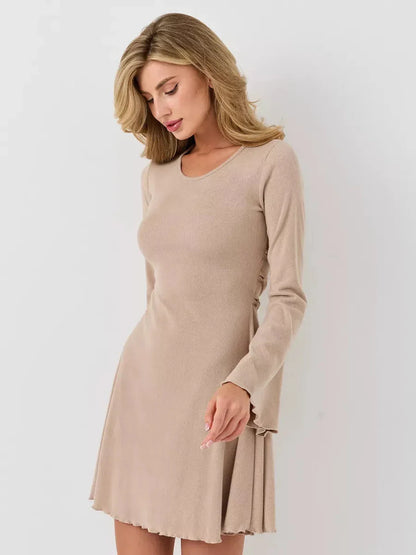 Café Ribbon ribbed mini dress in warm beige with long bell sleeves and a U-neckline, perfect for summer wear.