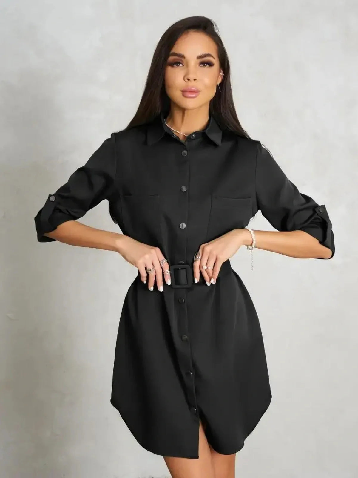 Urban Edit Mini black shirt dress featuring a structured silhouette and detachable belt for a chic, polished look.