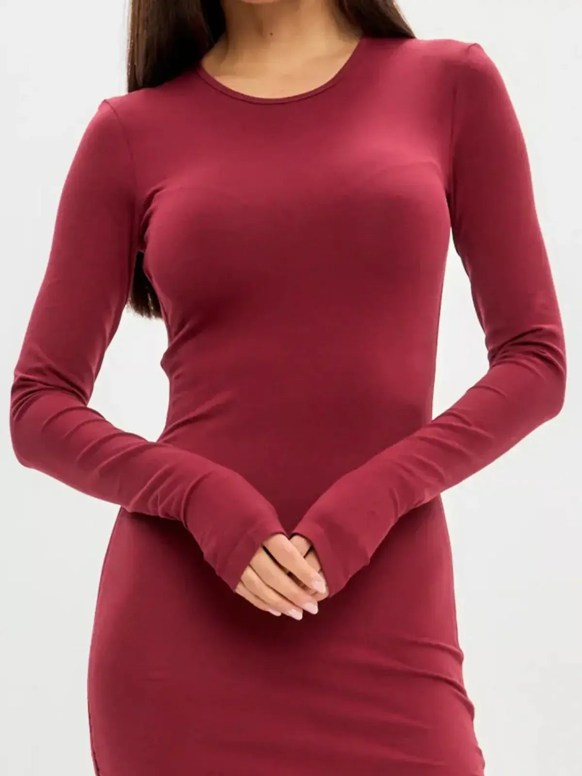 Burgundy Sculpt long sleeve mini dress, perfect for parties and special occasions with a smooth, fitted silhouette.