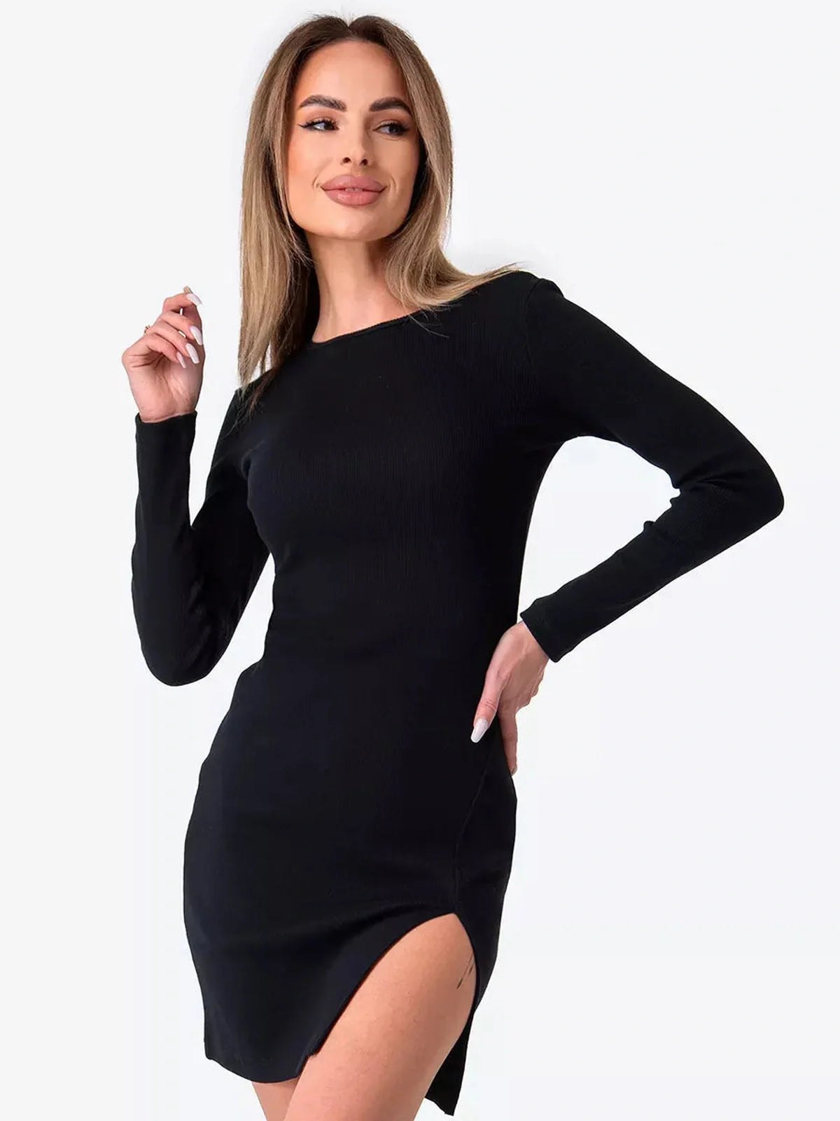 Chic black long sleeve dress with a thigh-high slit, perfect for evening outings or casual wear.