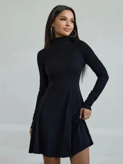 Elegant black ribbed mini dress with high collar, perfect for wedding guest, prom, or casual outings.