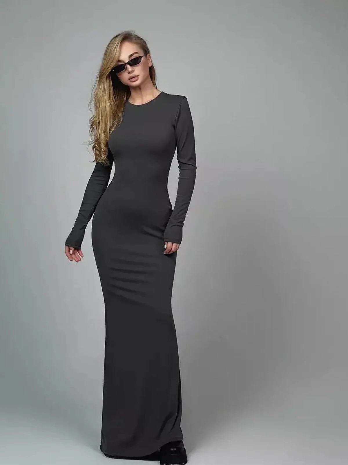 Sculpted Grace Maxi Dress, elegant long sleeve silhouette in breathable ribbed knit, perfect for eveningwear.