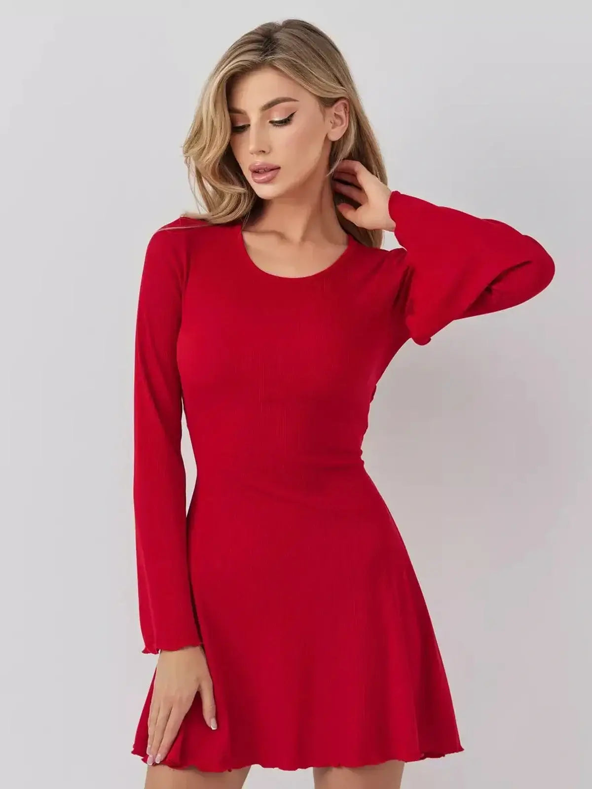 Stunning red mini dress with long sleeves and A-line silhouette, perfect for weddings, parties, or summer events.