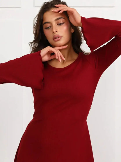 Ruby Laced red mini dress with long bell sleeves, perfect for party wear or graduation.