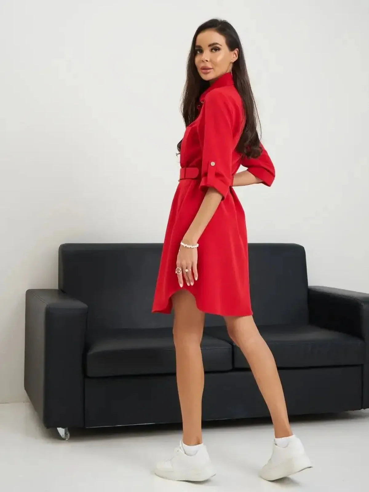 Scarlet Belted Mini dress on model, showcasing a flattering silhouette and modern design with a waist-cinching belt.
