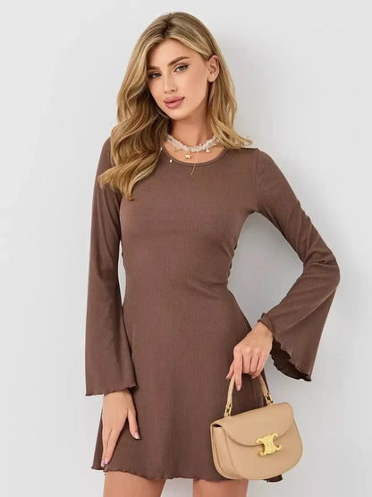 Mocha Flare dress in rich coffee tone, featuring long bell sleeves and flared hem, perfect for summer occasions.