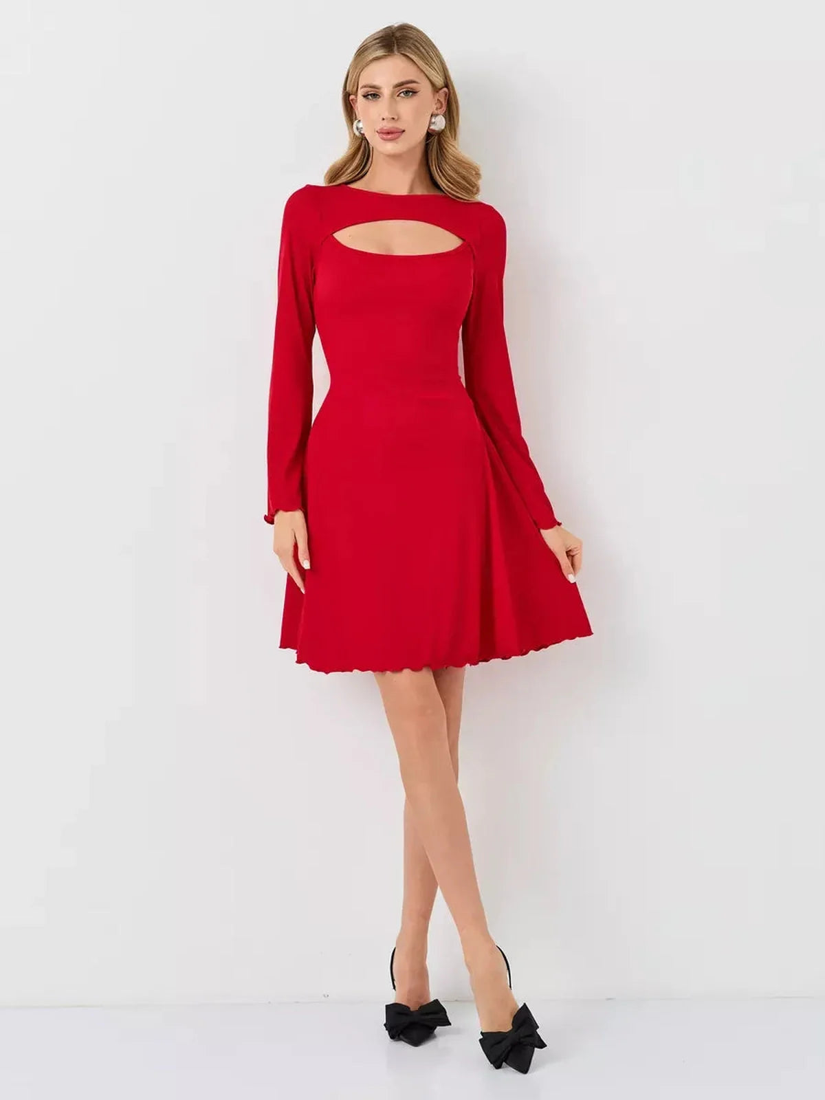 Sculpting red flare cutout mini dress with a modern silhouette and flattering waist-cinching effect.