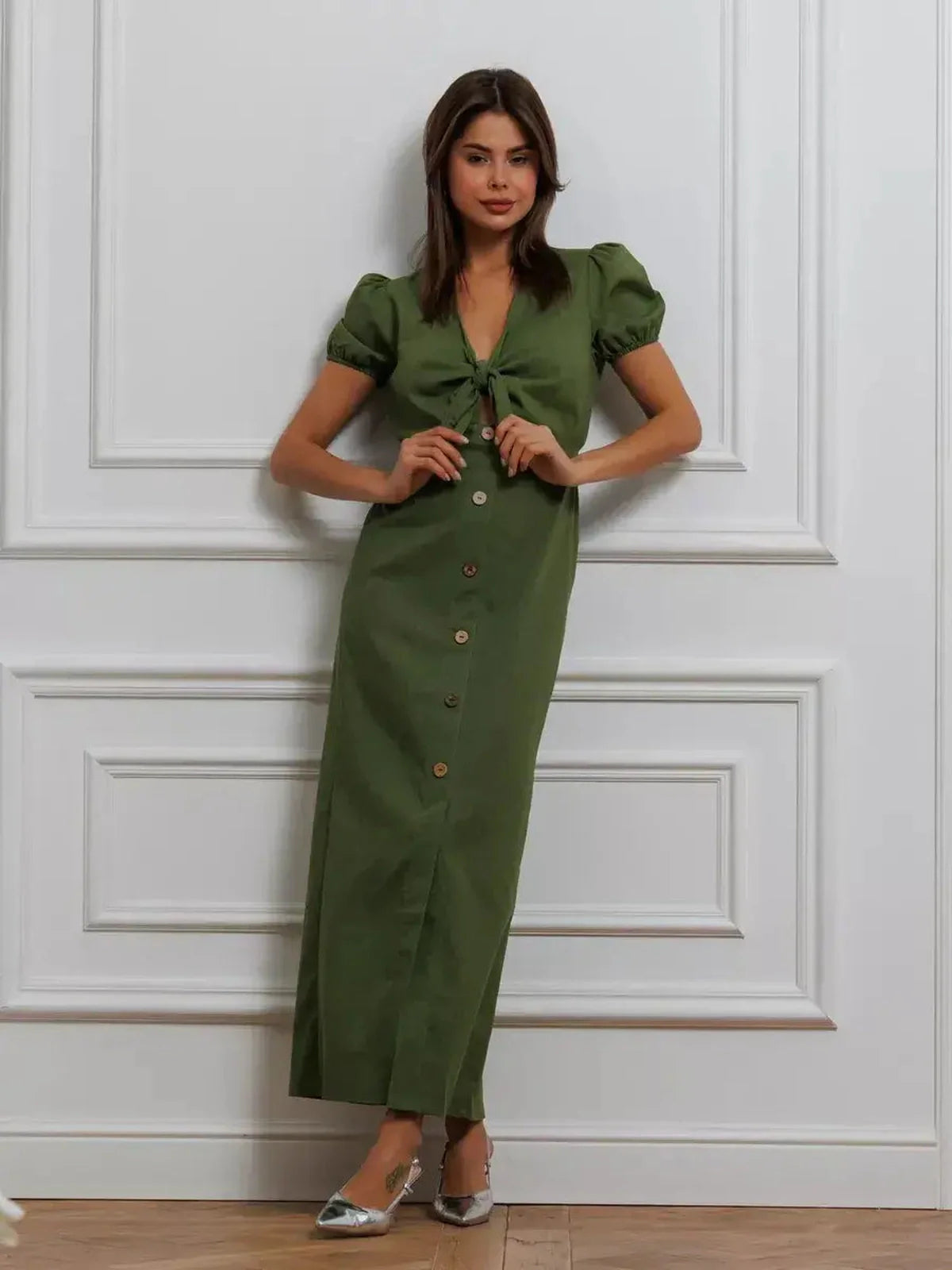 Olive Whisper Maxi Dress with puff sleeves and tie front in khaki color, showcasing natural elegance and versatility.