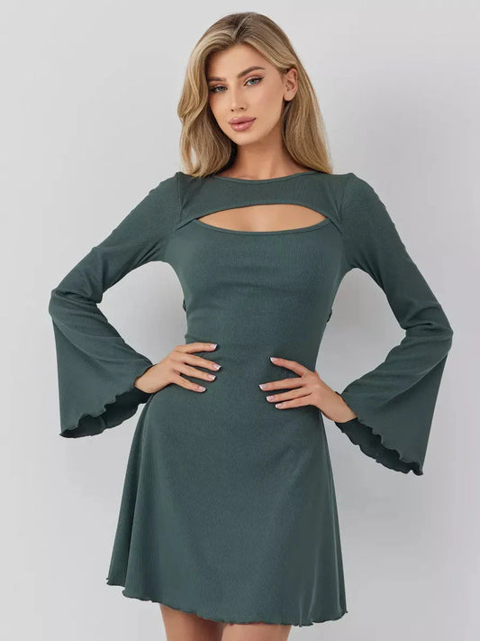 Dark olive mini dress with bell sleeves and cut-out neckline for a stylish and modern look.