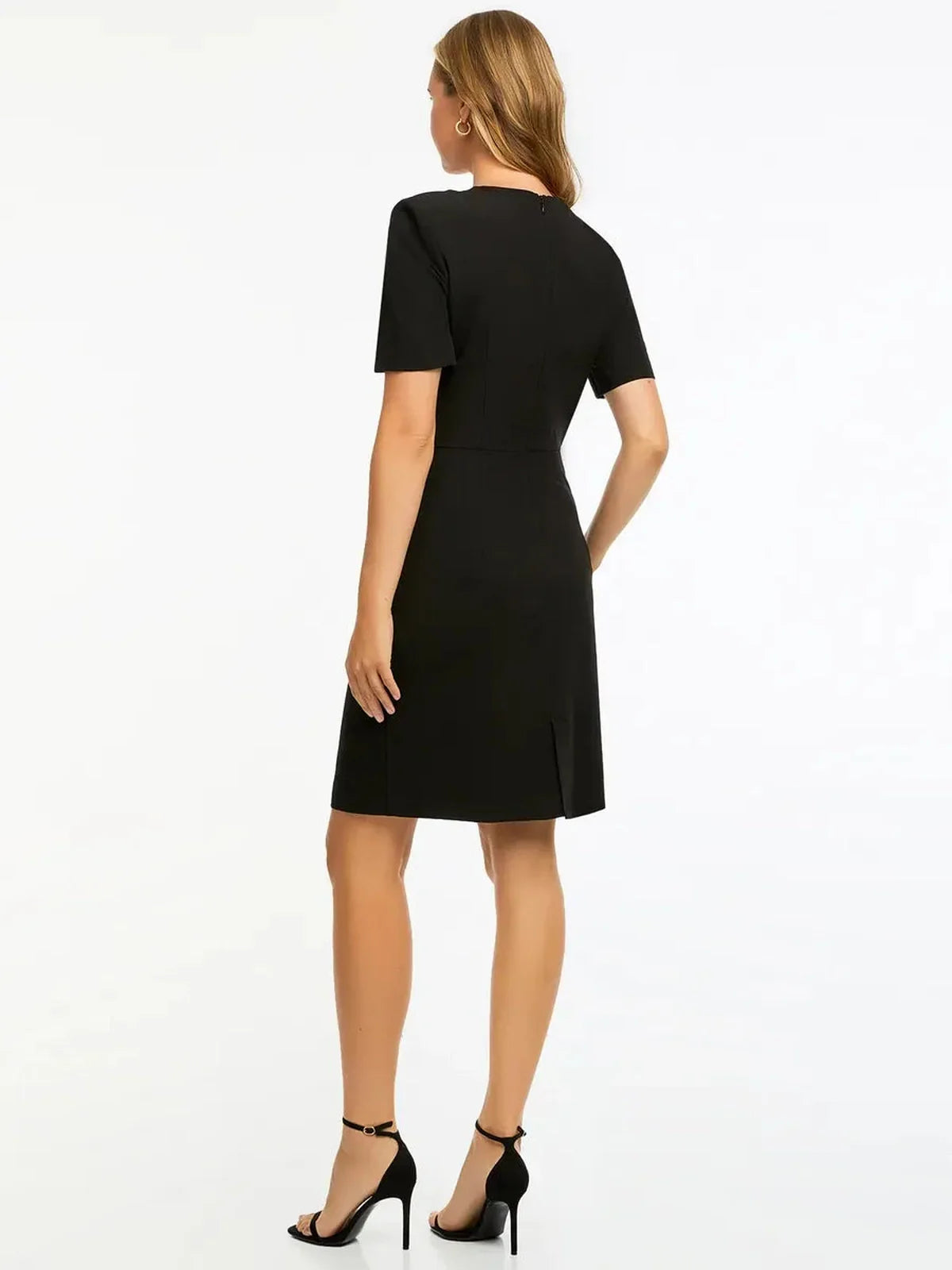 Back view of a black midi dress with short sleeves, perfect for formal occasions and summer events.