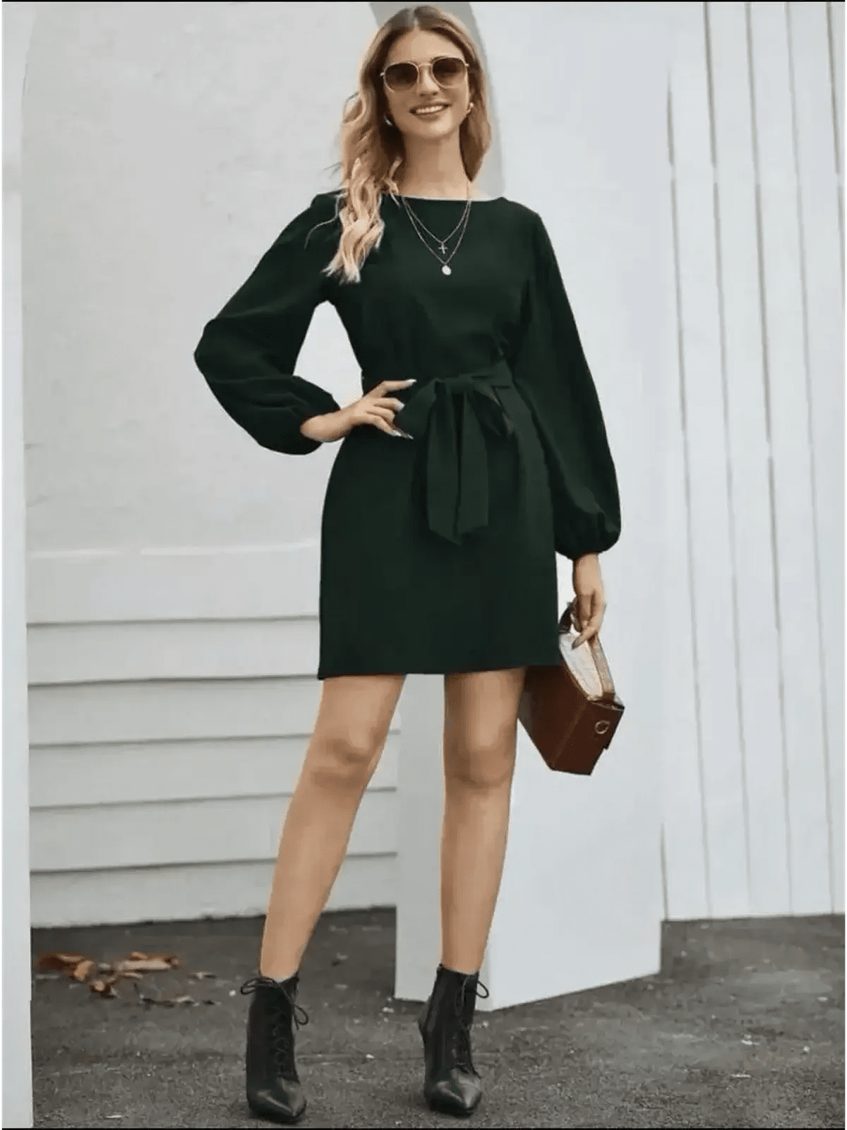 Emerald green mini dress with long sleeves and belt, perfect for summer dresses or wedding guest attire.