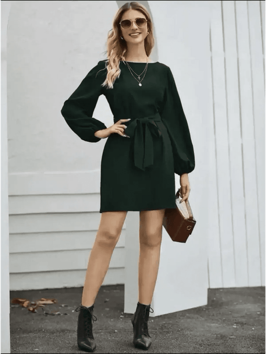 Emerald green mini dress with long sleeves and belt, perfect for summer dresses or wedding guest attire.