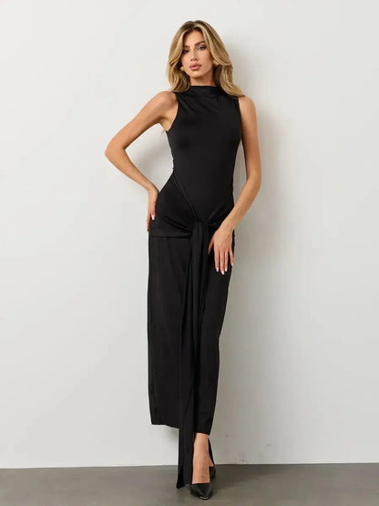 Obsidian Drape Maxi Dress featuring a sculpted silhouette and knotted draping, perfect for formal events and elegant evenings.