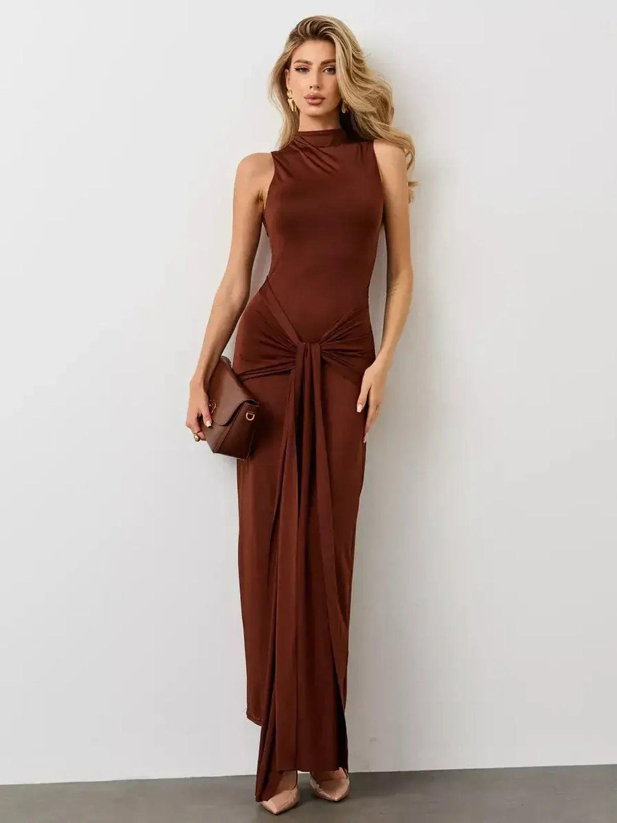 Mocha Muse Maxi Dress featuring a draped front knot and high neckline, perfect for formal events and elevated evenings.