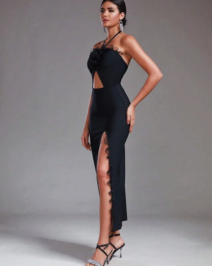 Elegant black midi dress with lace detailing and thigh-high slit, perfect for cocktail and evening events.