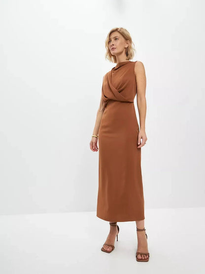Sculpted Drape Maxi Dress in warm light brown, featuring elegant draping and a refined silhouette for formal occasions.