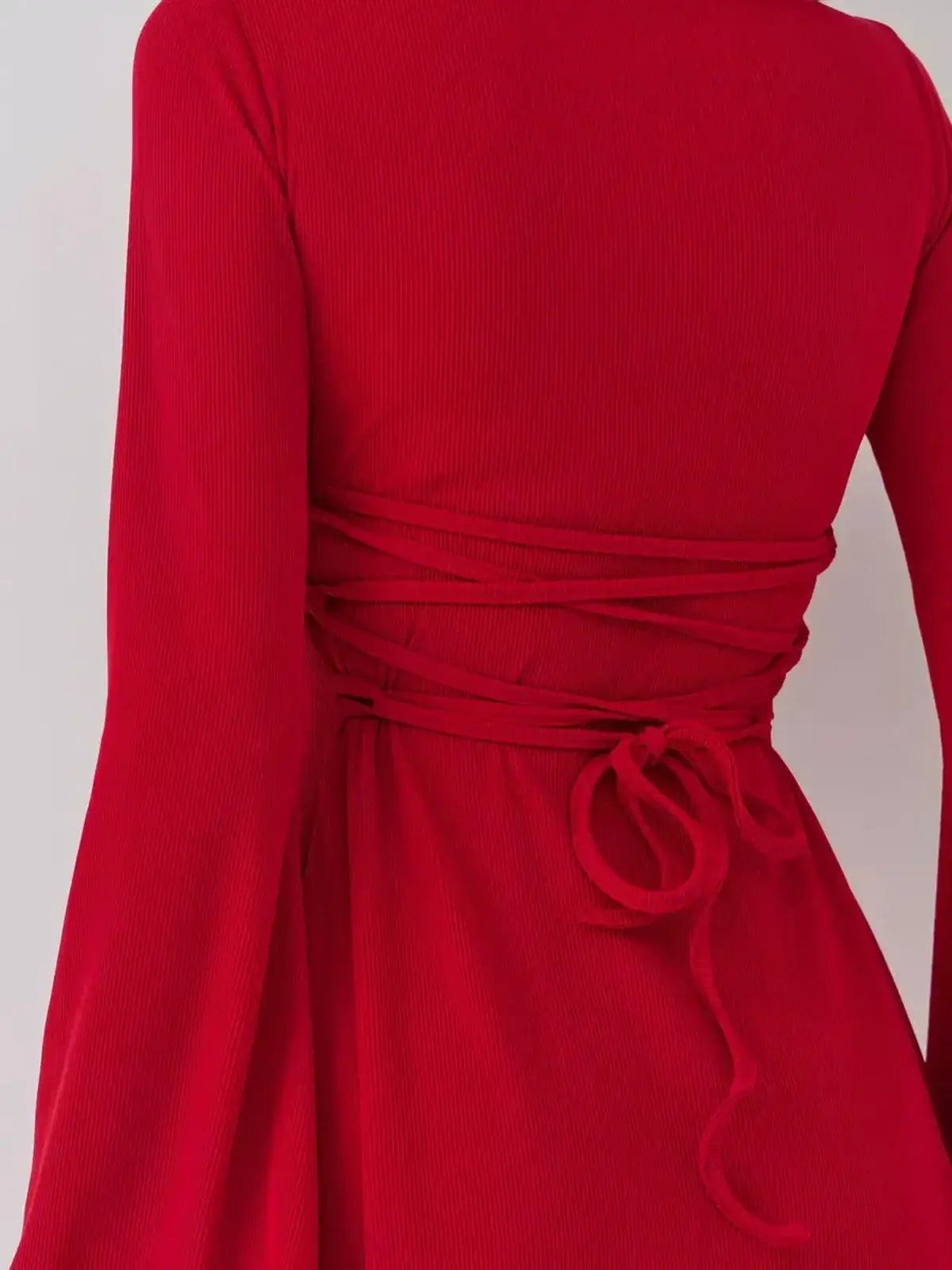 Back view of a stunning red velvet mini dress with a tied waist detail, ideal for weddings and parties.