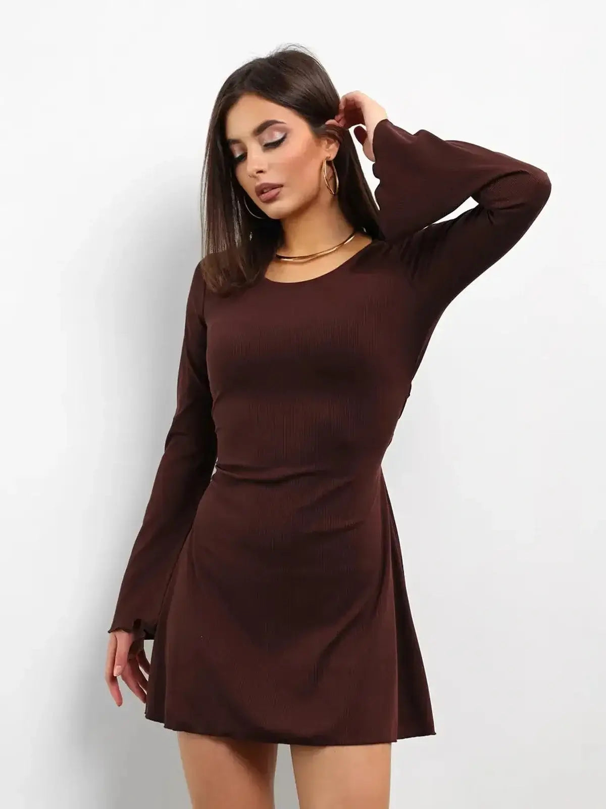 Cocoa Laced mini dress in rich chocolate tone with long sleeves and flared design, perfect for summer and wedding guest attire.