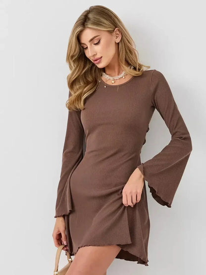 Mocha Flare long sleeve mini dress in rich coffee color with bell sleeves and flared hem, perfect for summer and special events.