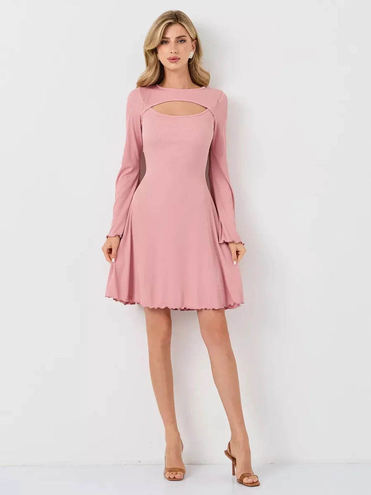 Blush Whisper pink dress featuring a U-neckline and flared sleeves, crafted from a soft ribbed knit blend for summer elegance.