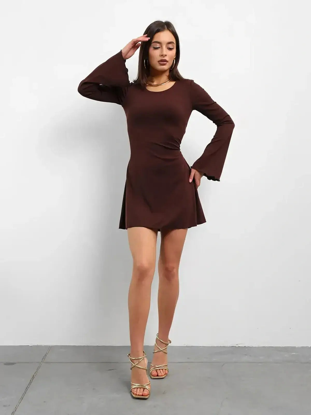 Cocoa Laced mini dress in rich chocolate tone with flared long sleeves, perfect for summer parties and weddings.