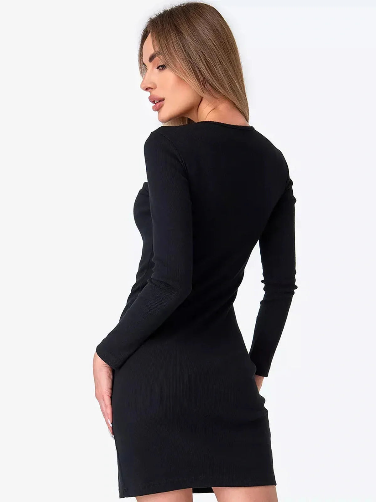 Black long sleeve bodycon mini dress showcasing a fitted silhouette and stylish back view.