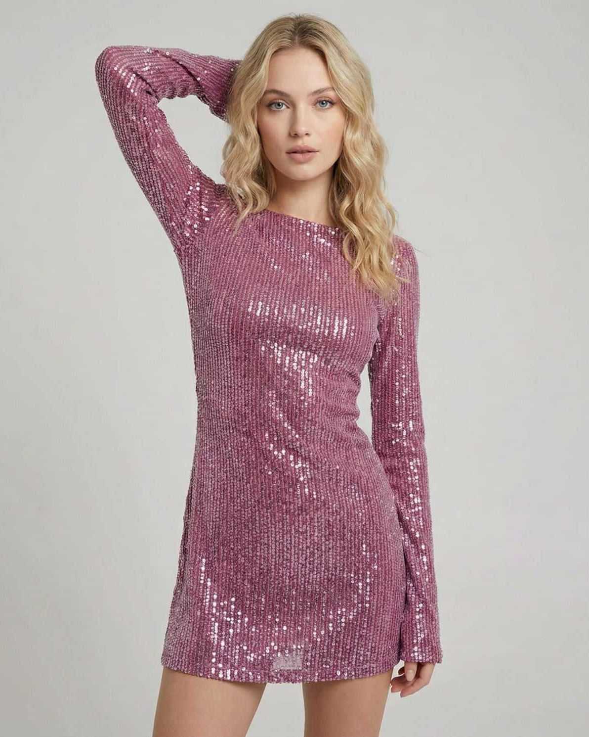 Lauven Rosé Mini Dress — Sequin bodycon mini with long sleeves, perfect for evening events.