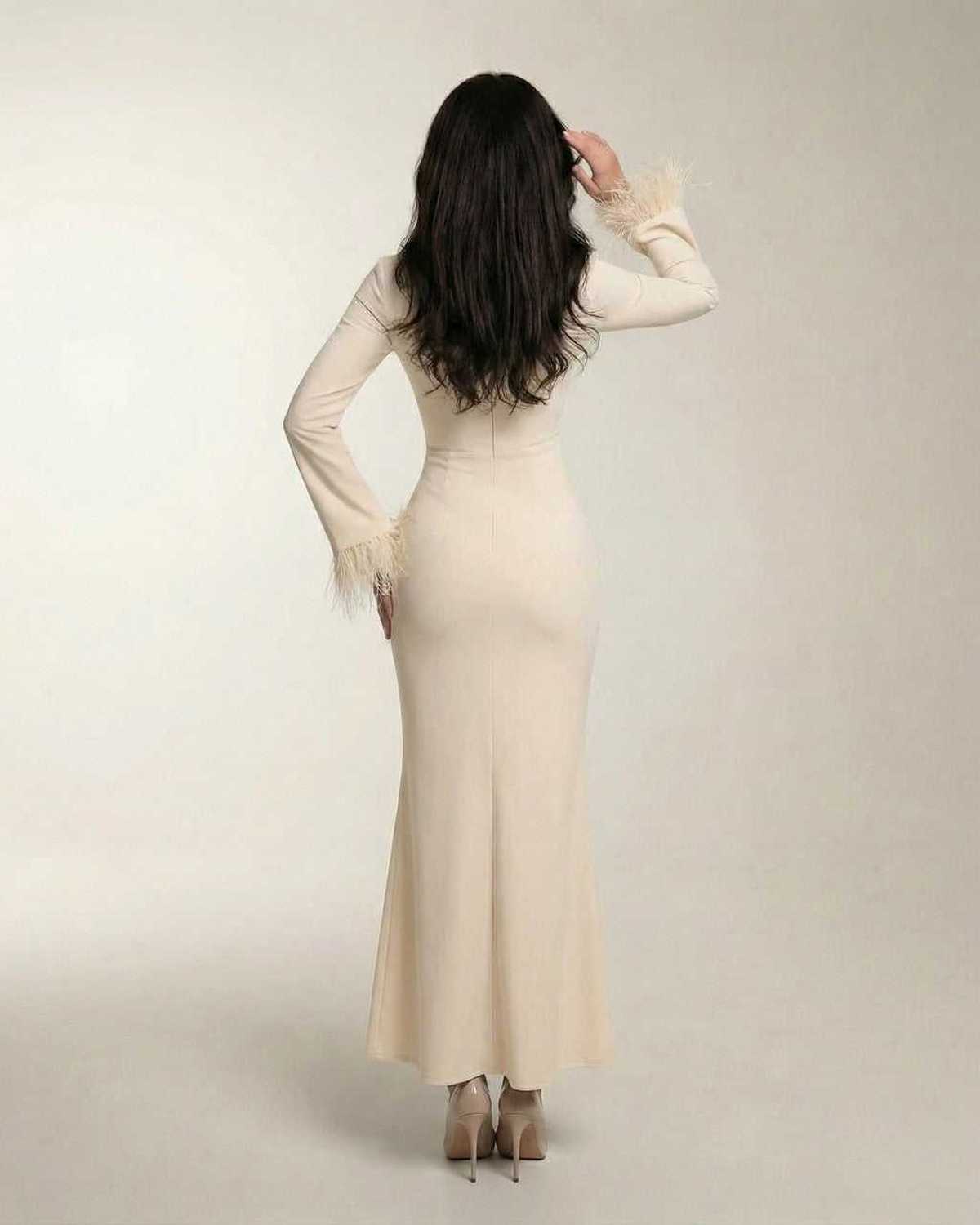 Monaco Maxi Dress by Lauven, Beige Long Sleeve Mermaid Maxi Dress with Feather Cuff Sleeves, Back View