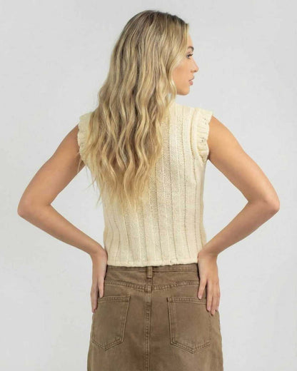 Monaco Top by Lauven, women’s sleeveless knit top showing back view, casual summer elegance.