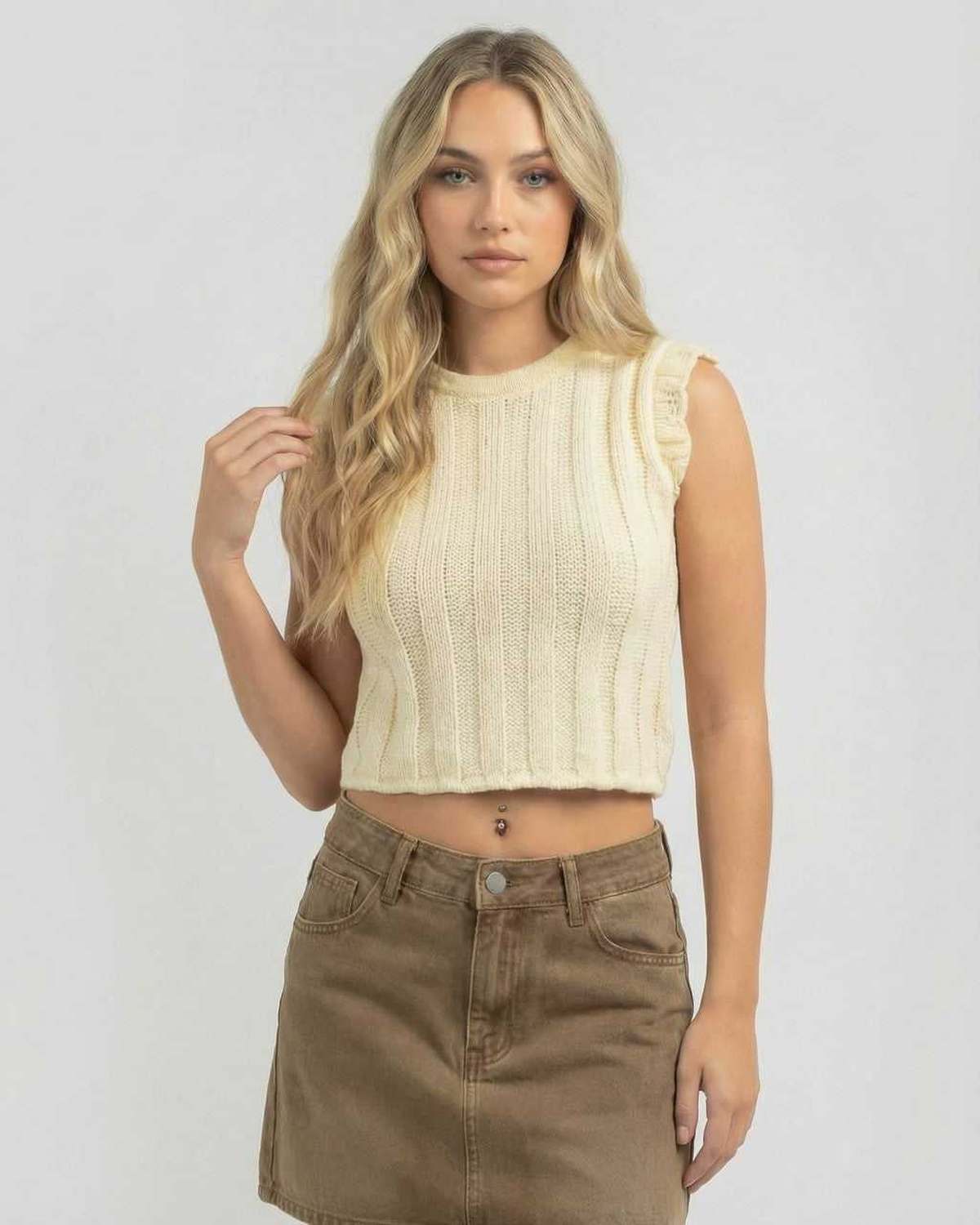 Monaco Top by Lauven - Women’s sleeveless knit top with crew neck and casual summer elegance.