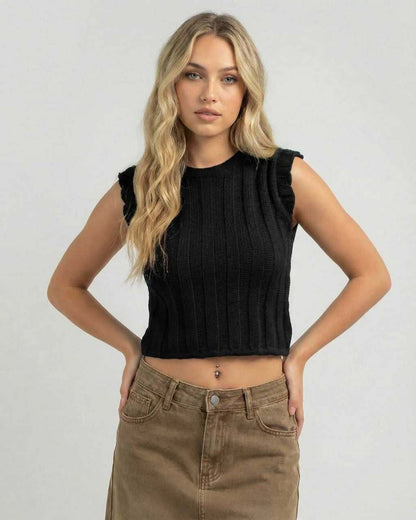 Noiré Top – Women’s Black Sleeveless Knit Top with Crew Neck by Lauven, perfect for casual summer style.