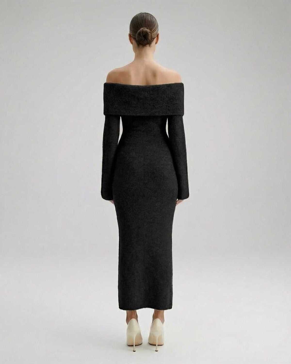 Noiré Midi Dress by Lauven, black off shoulder midi dress with long sleeves and bodycon fit from the back.