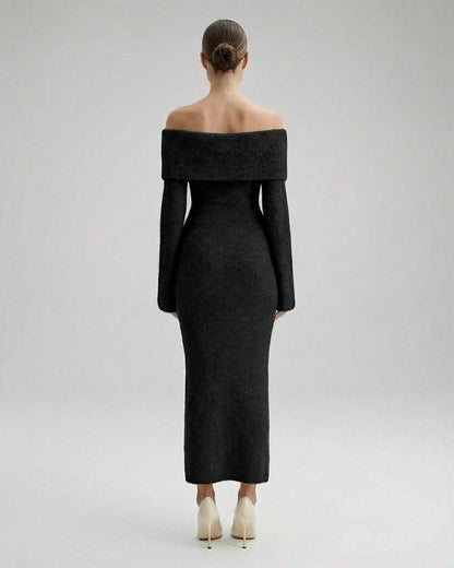 Noiré Midi Dress by Lauven, black off shoulder midi dress with long sleeves and bodycon fit from the back.