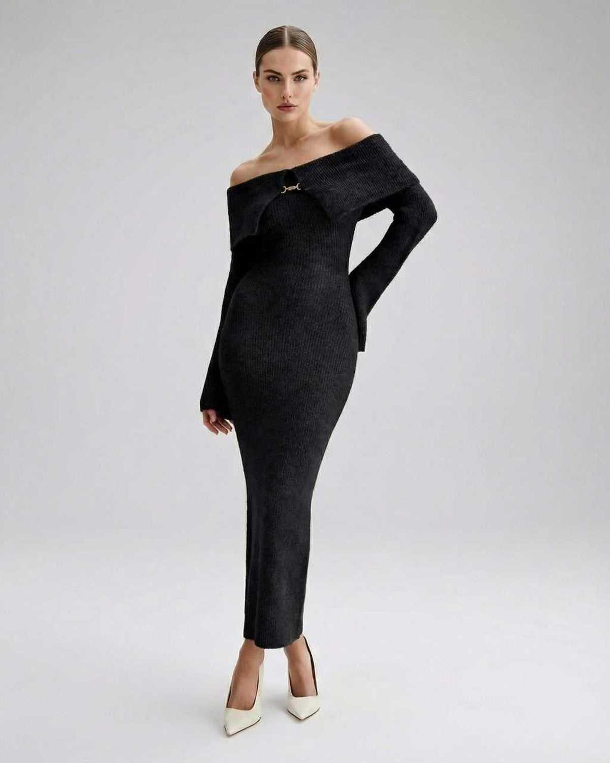 Noiré Midi Dress by Lauven – Women’s black off shoulder bodycon dress showcasing a sleek silhouette.
