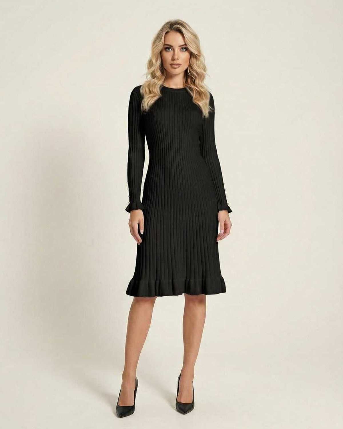 Monaco Midi Dress by Lauven, black long sleeve bodycon midi dress with ruffle hem.