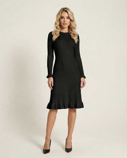Monaco Midi Dress by Lauven, black long sleeve bodycon midi dress with ruffle hem.