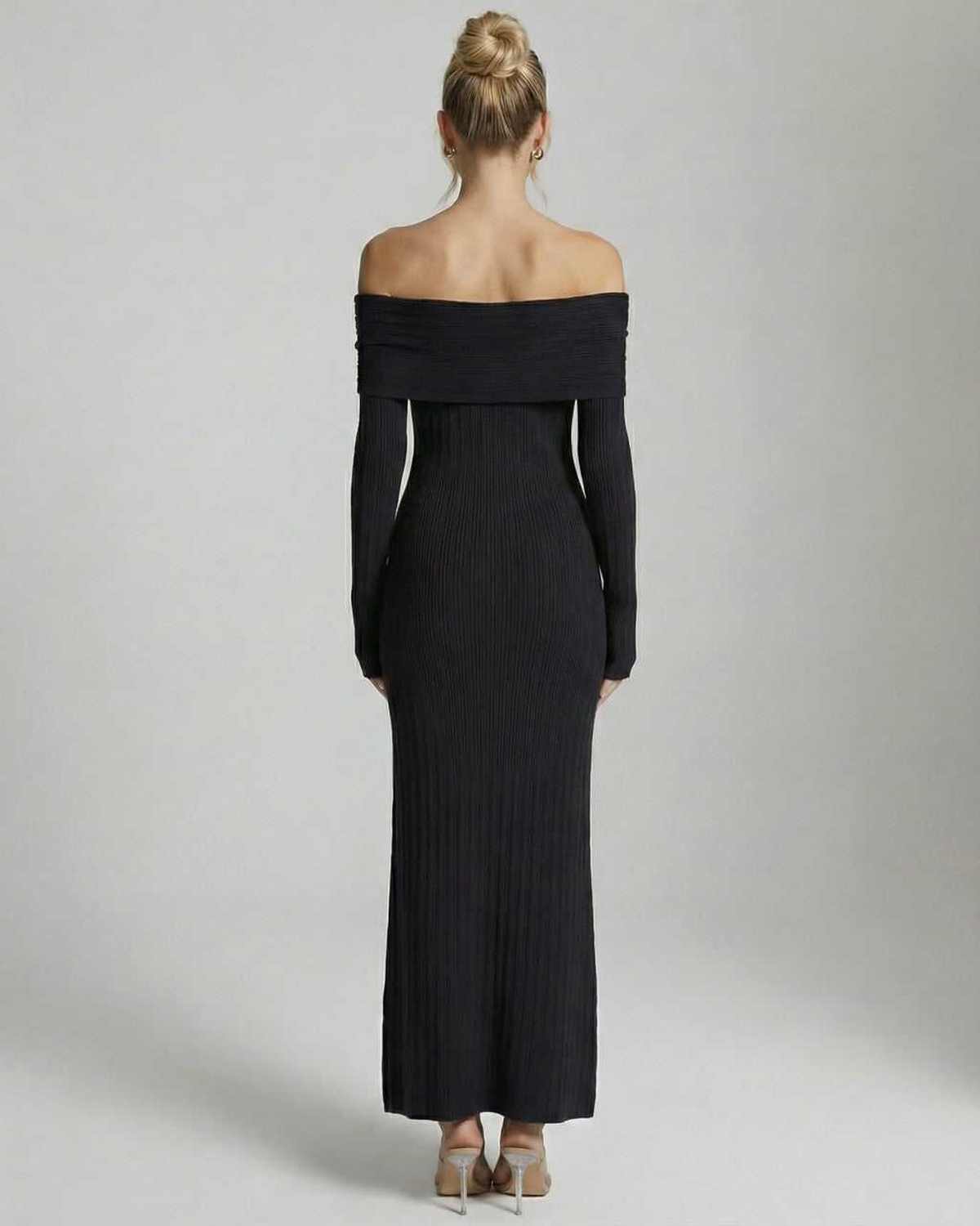 Noir Maxi Dress by Lauven, off-the-shoulder long sleeve bodycon styling, showcasing a sleek silhouette.
