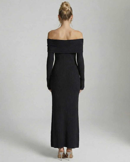 Noir Maxi Dress by Lauven, off-the-shoulder long sleeve bodycon styling, showcasing a sleek silhouette.