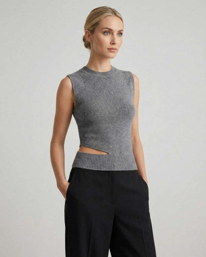 Monaco Top by Lauven, sleeveless knit top with side cutout, perfect for casual elegant styling.
