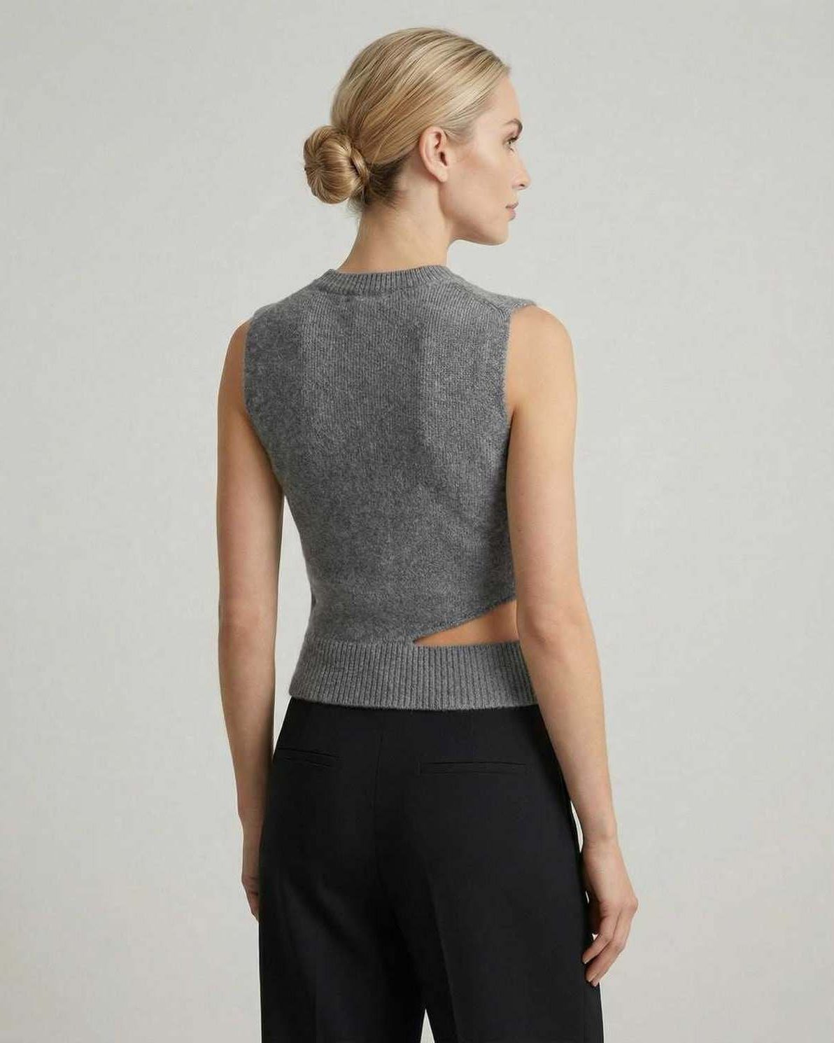 Monaco Top by Lauven, women's sleeveless knit top with elegant side cutout design in gray.