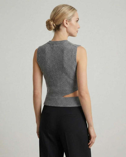 Monaco Top by Lauven, women's sleeveless knit top with elegant side cutout design in gray.