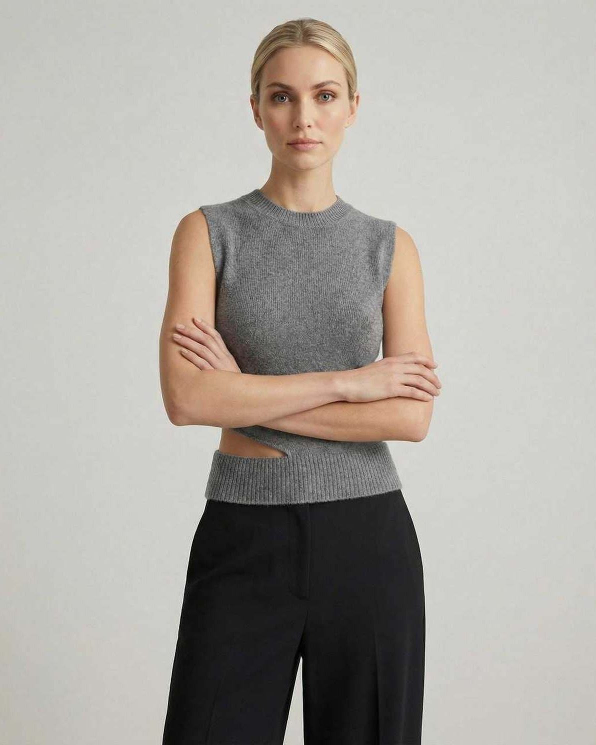 Monaco Top by Lauven - Women's sleeveless knit top with cutout design in gray, perfect for casual elegant outfits.