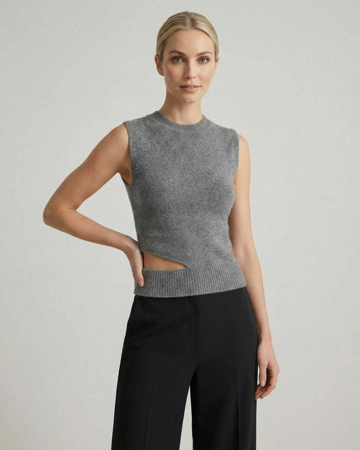 Monaco Top by Lauven - Women's sleeveless knit top with contemporary cutout design in gray.