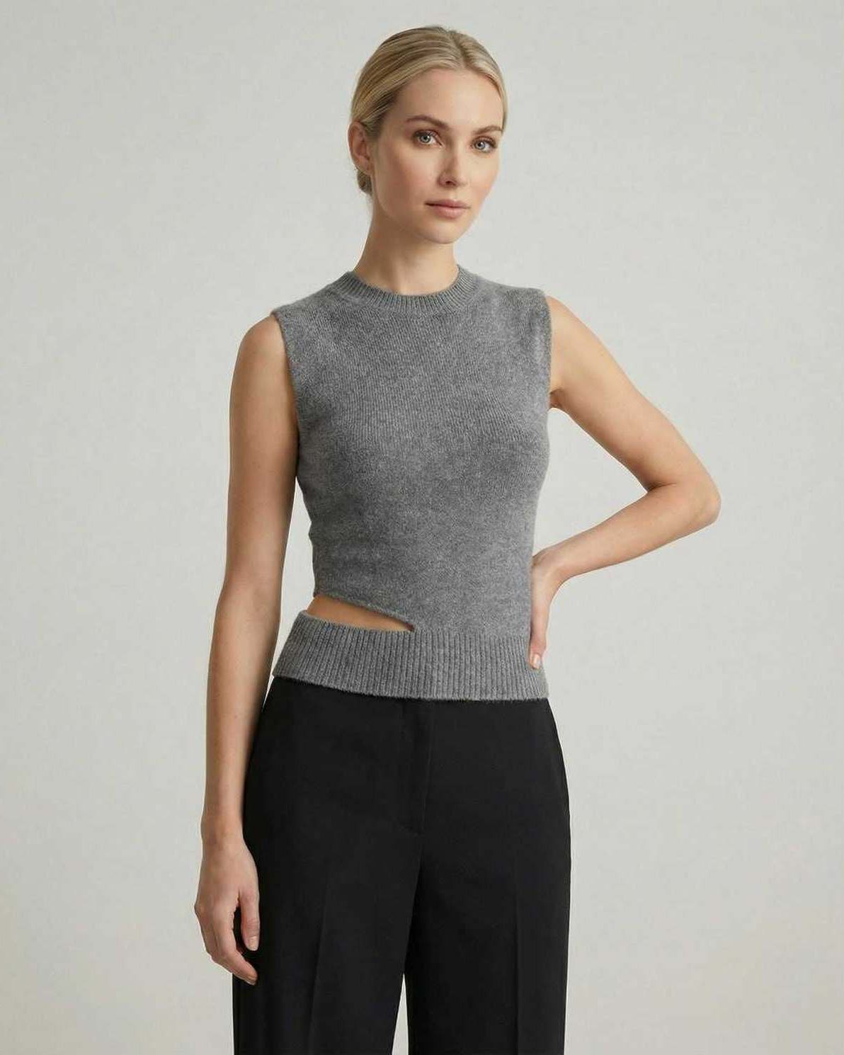 Monaco Top by Lauven - Women’s sleeveless knit top with cutout design in gray.